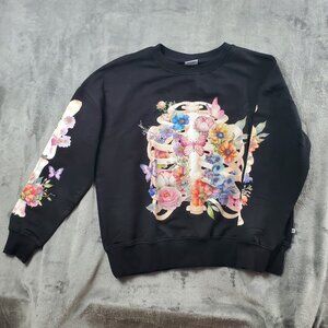 Bums & Roses Bamboo Blend Lounge Top Womens S Black Sweatshirt Bones Flowers New